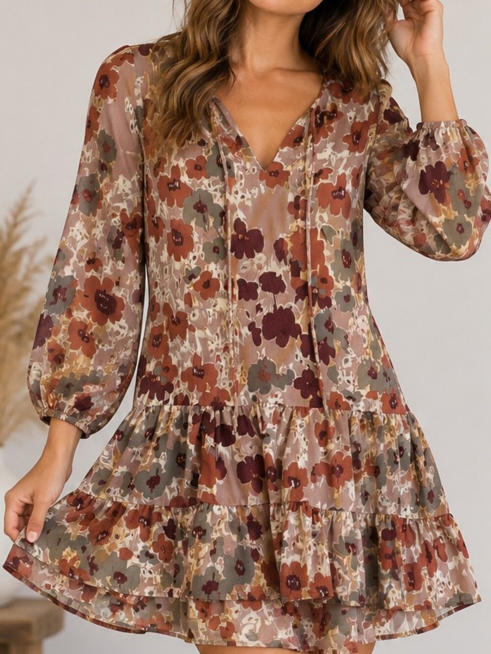 Grade & Gather Floral Tiered Mini Dress Size Small Boho Cottagecore Long Sleeve
